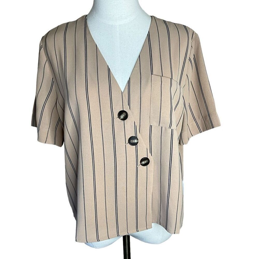 Mittoshop Womens Small Button Front Top Tan Black Stripe Asymmetrical Boxy